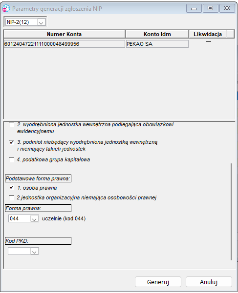 ZParametry generowania zgłoszenia NIP