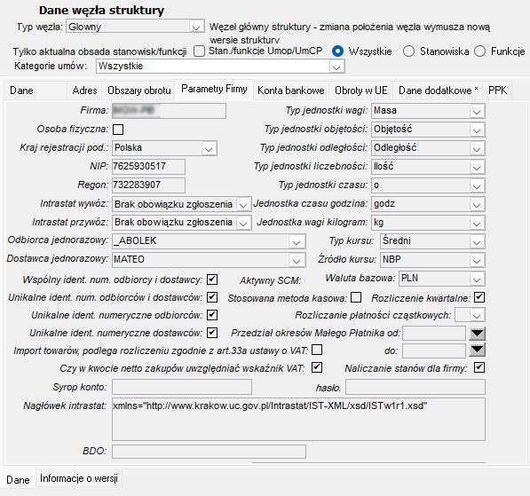 Struktura organizacyjna firmy – zakładka Parametry firmy