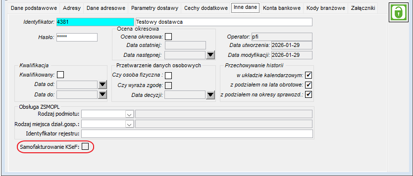 Okno Dostawcy - Zakładka Inne dane Okno Dostawcy - Zakładka Inne dane