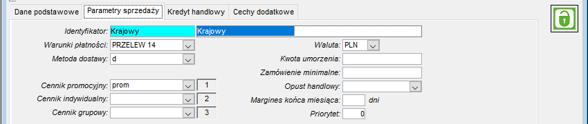 Zakładka Parametry sprzedaży dla Klasy odbiorców
