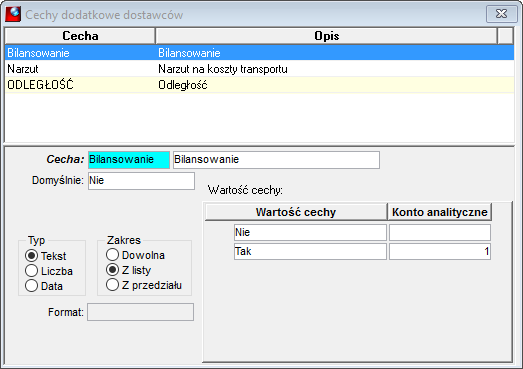 Okno Cechy dodatkowe dostawców Okno Cechy dodatkowe dostawców