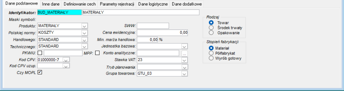 Zakładka Dane podstawowe w Grupach produktowych