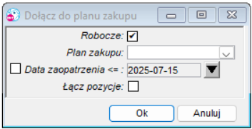 Okno Parametry zaznaczania pozycji do przetargu