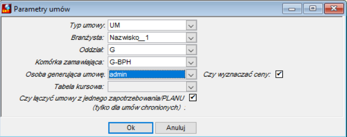 Okno Parametry umów