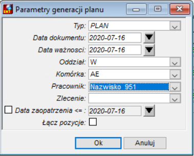 Okno Parametry generowania planu