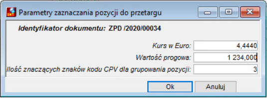 Okno Parametry zaznaczania pozycji do przetargu
