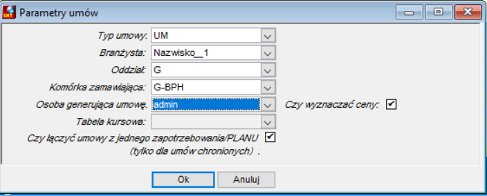 Okno Parametry umów