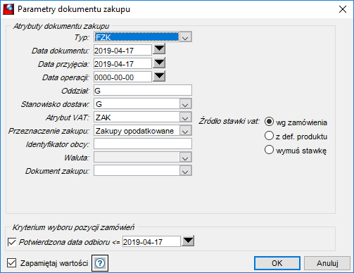 Parametry dokumentu zakupu