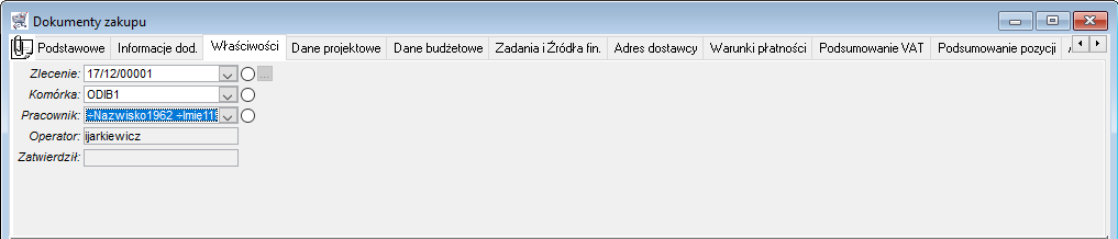 Dokument zakupu – zakładka Właściwości