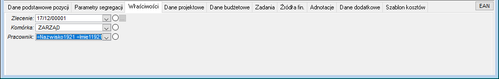 Dokument zakupu – zakładka Właściwości