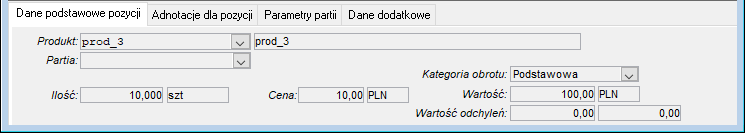 Dokument magazynowy – dane podstawowe pozycji