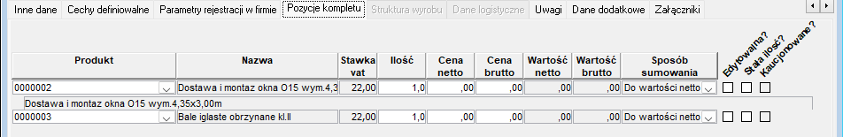 Zakładka Pozycje kompletu