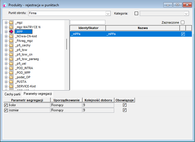 Rejestracja w punktach – parametry segregacji Rejestracja w punktach – parametry segregacji