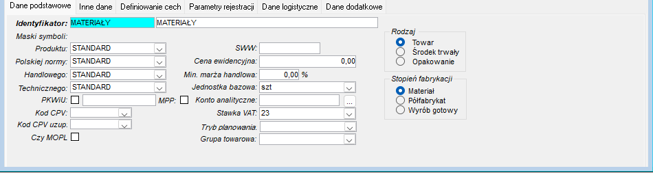 Zakładki edycji cech klasy produktów Zakładki edycji cech klasy produktów
