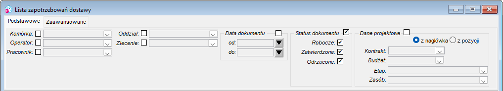 Filtr raportu dla Zapotrzebowań dostawy/planów Filtr raportu dla Zapotrzebowań dostawy/planów
