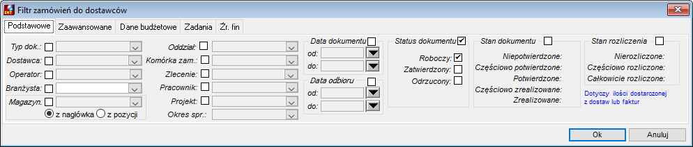 Filtr zamówień do dostawców