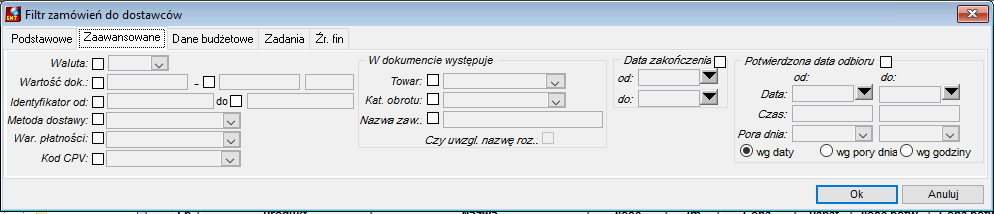 Filtr zamówień do dostawców - zakładka Zaawansowane