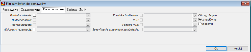 Filtr zamówień do dostawców - zakładka Dane budżetowe