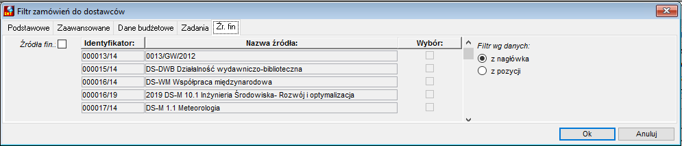 Filtr zamówień do dostawców - zakładka Źródła finansowania
