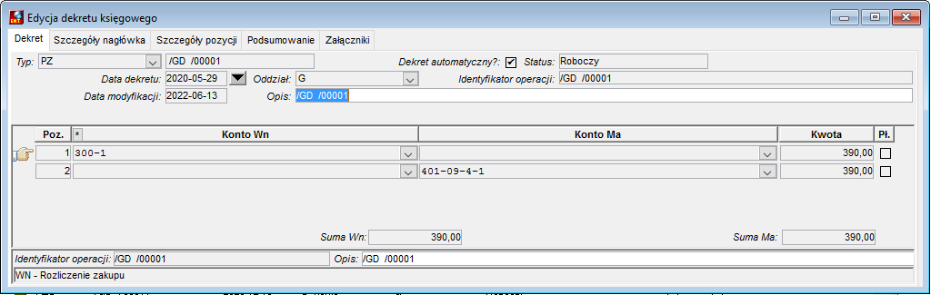 Podgląd dekretu księgowego Podgląd dekretu księgowego
