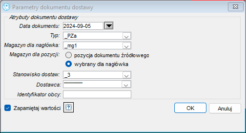 Parametry dokumentu dostawy
