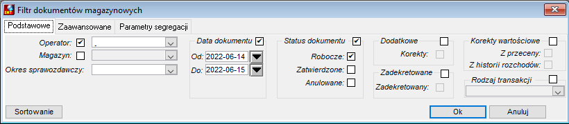Filtr dokumentów magazynowych Filtr dokumentów magazynowych