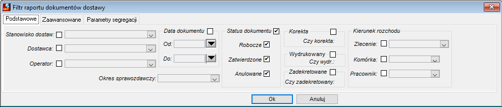 Filtr raportu dokumentów dostawy Filtr raportu dokumentów dostawy
