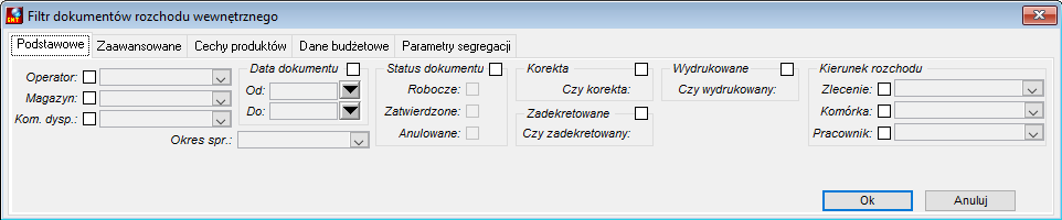 Filtr dokumentów rozchodu wewnętrznego Filtr dokumentów rozchodu wewnętrznego