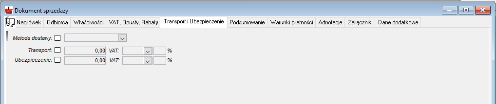 Zakładka Transport i Ubezpieczenie Zakładka Transport i Ubezpieczenie