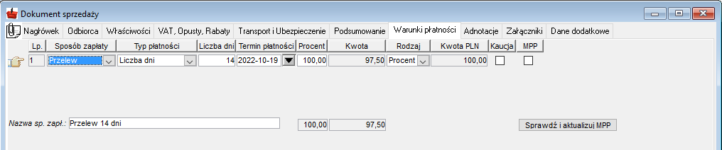 Zakładka Warunki płatności Zakładka Warunki płatności
