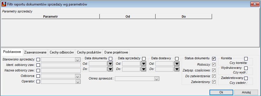 Filtr raportu dokumentów sprzedaży wg parametrów Filtr raportu dokumentów sprzedaży wg parametrów