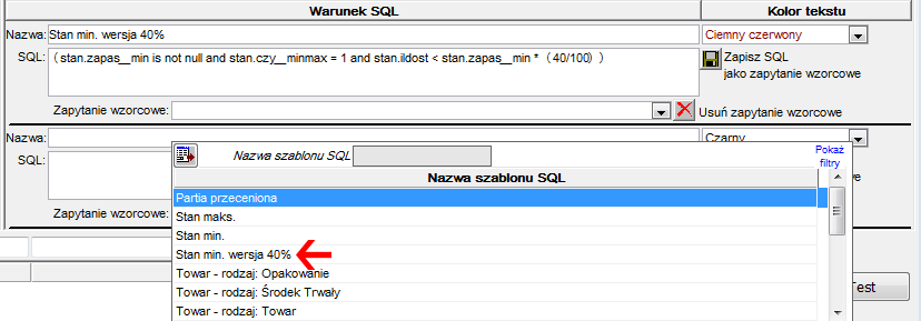 Okno definiowania parametrów wyświetlania