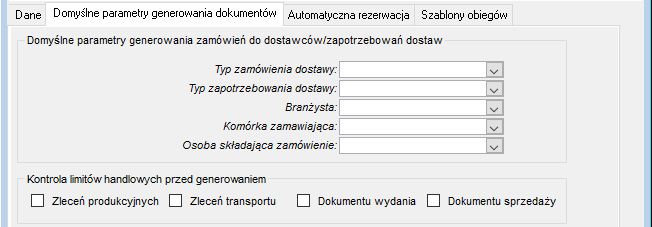 Zakładka Domyślne parametry generowania dokumentów