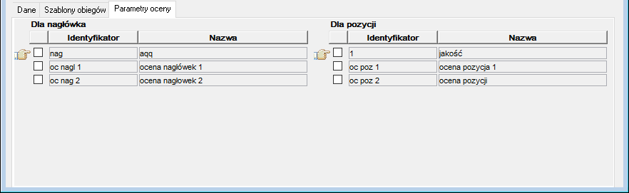 Zakładka Parametry oceny
