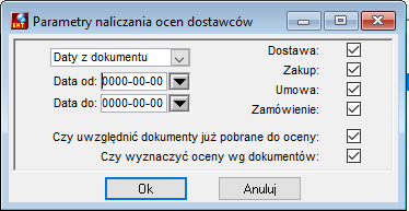 Parametry naliczania ocen dostawców
