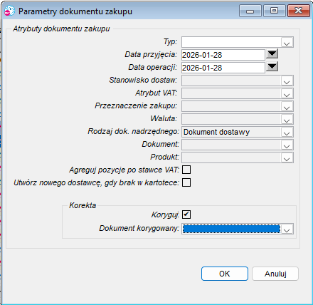 Parametry dokumentu zakupu