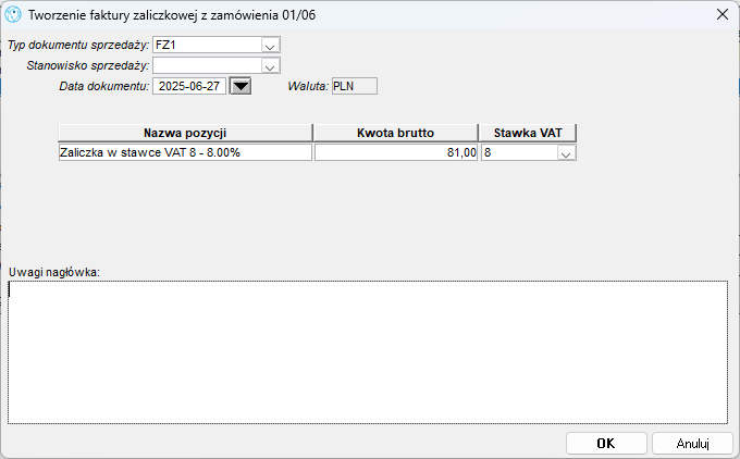 Parametry faktury zaliczkowej