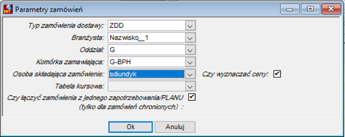 Okno Parametry zamówień