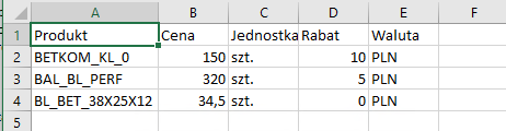 Przykład pliku – widok w MS Excel