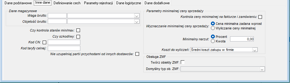 Zakładka Inne dane na oknie Produkty