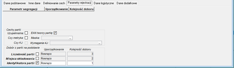 Zakładka Parametry rejestracji na oknie Produkty