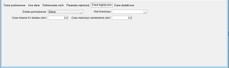Zakładka Dane logistyczne na oknie Produkty