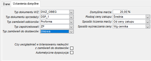 Zakładka Ustawienia domyślne