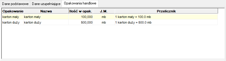 Zakładka Opakowania handlowe Zakładka Opakowania handlowe