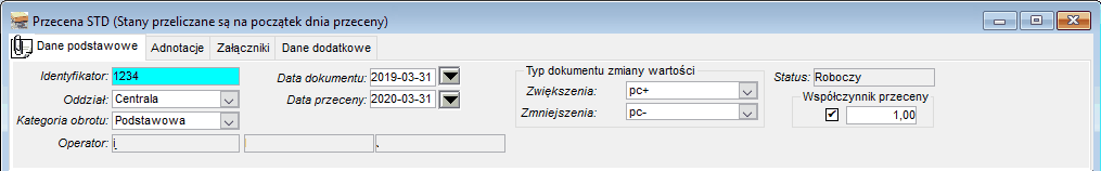 Dokument przeceny – dane podstawowe nagłówka