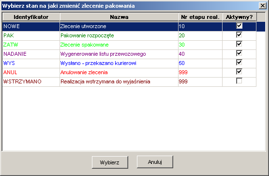 Lista zmiany stanów zlecenia pakowania Lista zmiany stanów zlecenia pakowania