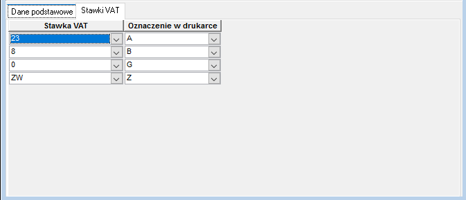 Zakładka Stawki VAT Zakładka Stawki VAT