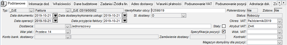 Dokument zakupu – zakładka Dane podstawowe