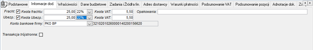 Dokument zakupu – zakładka Informacje dodatkowe