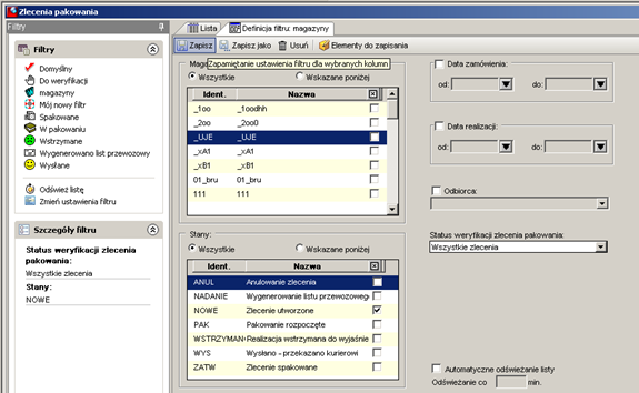 Lista zleceń – parametry filtrowania listy Lista zleceń – parametry filtrowania listy